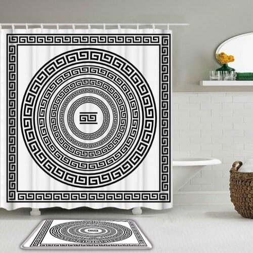 Ethnic Greek Key Shower Curtains Set Bathroom Curtain Waterpoof Polyester Traditional Meander Border Non-slip Set Mats Rug Decor