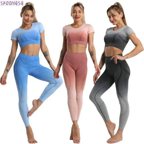 Women short-sleeved small T-shirt stretch long pants sports fitness yoga clothing 2piece suits good quality special color famous