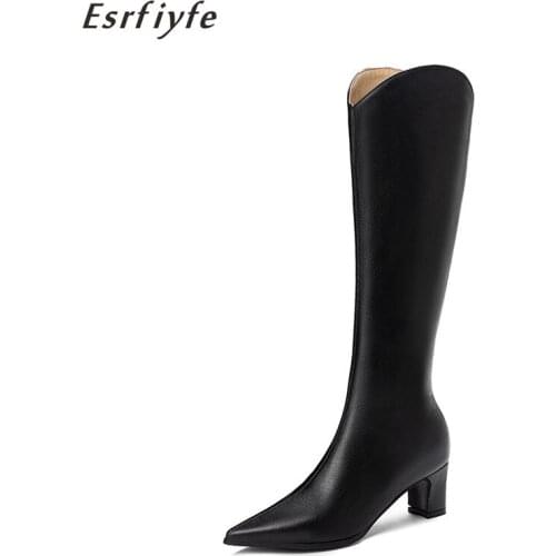 ESRFIYFE 2020 New Autumn Winter PU Leather Women Knee High Boots Sexy Pointed Toe Western Cowboy Boots Women Thick Heels Boots