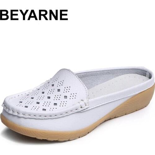 BEYARNE Summer Womens Shoes Real Leather Moccasins Women Loafers Cut-outs Closed-toe Flats Sandals Slippers Casual Shoes Woman