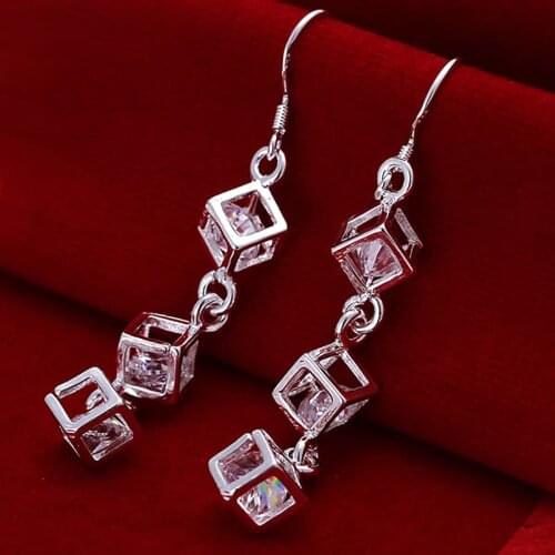 Wholesale Fashion Cube 925 Silver Clear Box Crystal Women Earrings pendants Jewelry hot