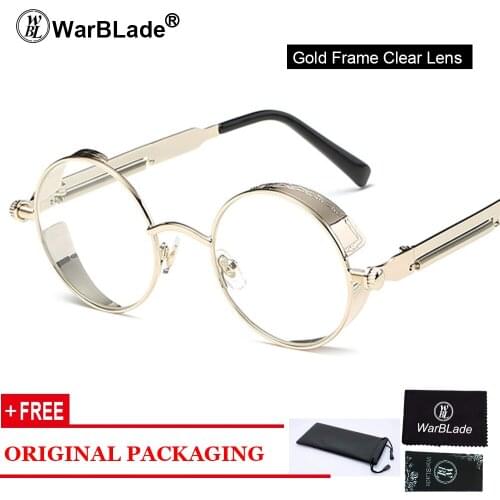 WarBLade Gothic Steampunk Clear Lens Sun Glasses For Women Alloy Frame Retro Vintage Mens Brand Designer Round Sunglasses Women