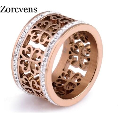 ZORCVENS Fashion Flower Vintage Wedding Rings For Women Classic Design Rose Gold Color Stainless Steel 2 Row Zircon Crystal Ring