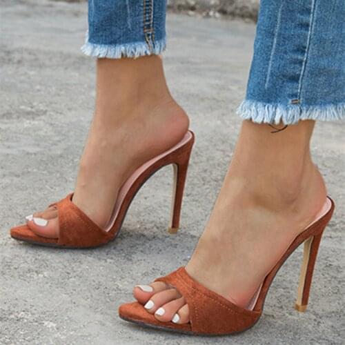 Suede Slip On Sexy Pointed Toe Thin High Heel Women Sandals Slides Shoes Fashion Summer Shoes Women Slipper