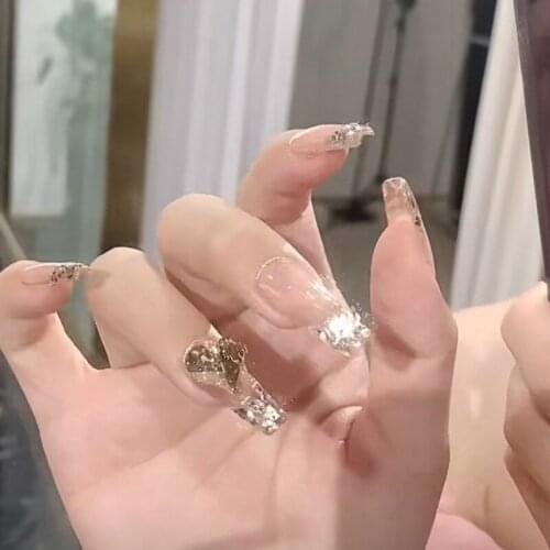 24pcs Transparent Diamond Wear Long Paragraph Fashion Manicure Patch False Nails Save Time Wearable Nail Patch SANA889
