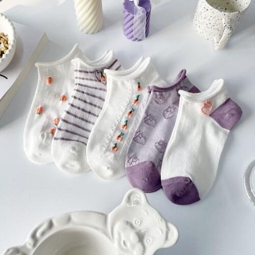 5pcs/new Curly Hair Cute Short Tube Female Korean Version of Boat Socks Japanese Simple White Retro Striped Cherry Small Floral