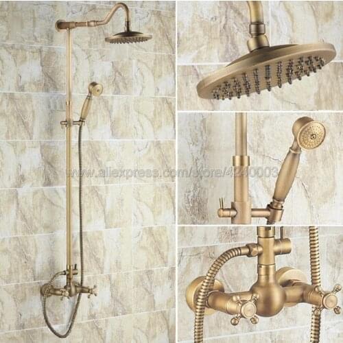 Antique Brass 8" Rainfall Shower Head Shower Set Faucet with Hand Shower Spray Mixer Tap Wall Mounted Krs139