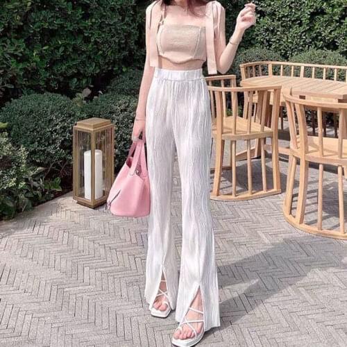 Elastic Pants Women Leisure Summer Fashion Streetwear Simple Front-slit High Waist New All-match Korean Wide Leg Female Trousers