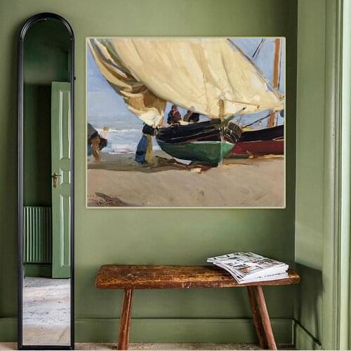 Citon Joaquin Sorolla《Fishermen Beached boats, Valencia》Canvas Art Oil Painting Picture Wall Decor Home Living Room Decoration