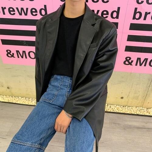 Homemade fall leather suit loose single row two button leisure suit PU leather jacket mens style