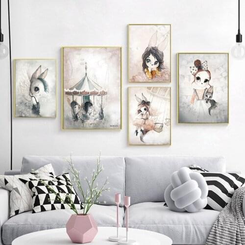 Home Decor Cartoon Painting Wall Art Rabbit Girl Animal Abstract Watercolor Print Kid Bedroom Living Room Poster Picture