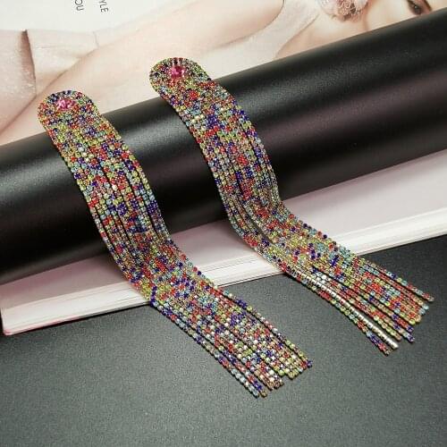 Statement Overlong Colorful Crystal Tassel Earrings High-Quality Luxury Rhinestones Fashion Jewelry Accessories For Women
