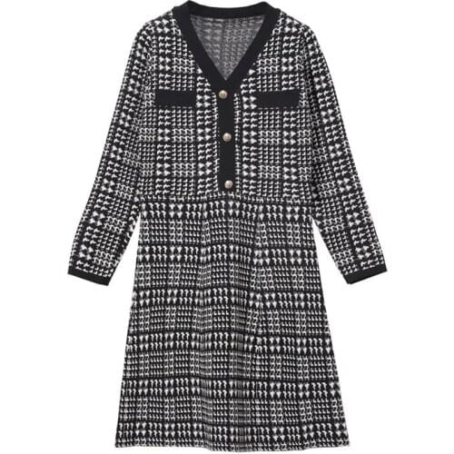 Elegant Retro Houndstooth Sweater Autumn Winter Plus Size Women Dress V-Neck Long Sleeve Slim Straight Knitted Office Lady Dress