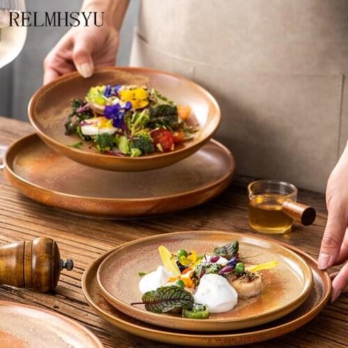 1PC RELMHSYU Nordic Style Kiln Changed Ceramic Retro Western Food Steak Pasta Flat Dinner Plate Dishes Round Tray Tableware