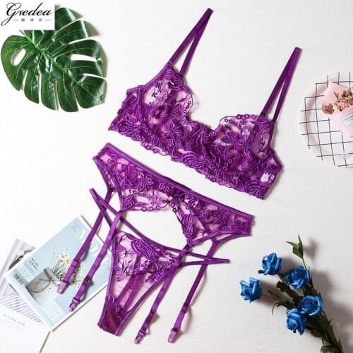 GREDEA New Fluorescent Color Lace Embroidered Bra Set Thin Section Perspective Erotic Underwear Garter Belt Thong Sexy Lingerie