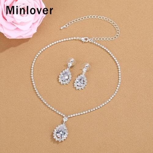 Minlover Silver Color Cubic Zirconia Teardrop Wedding Jewelry Sets for Women Bridal Water Drop Necklace and Earrings Set MTL591