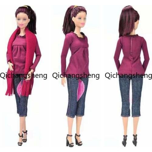 Fashion 1/6 BJD Doll Outfits For Barbie Clothes Red Shirt & Bag & Scarf & Shoes & Jeans Pants 11.5" Dolls Accessory Kids DIY Toy