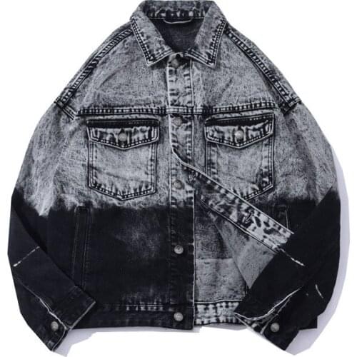 Mens Hip-Hop Denim Jacket Color-Blocking Multi-Pocket Lapel Tooling Jacket Retro Loose Denim Jacket Top