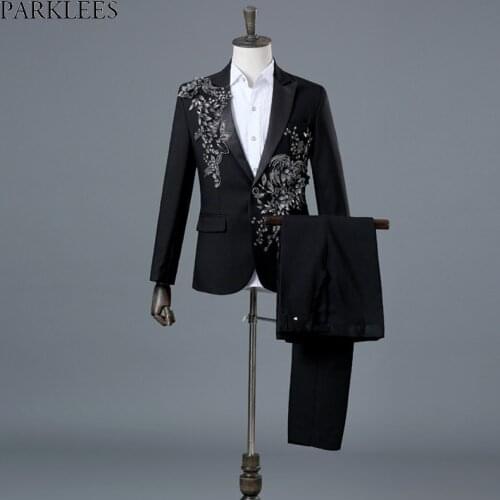 Mens Floral Sequin Black Tuxedo Suits With Pants Party Wedding Groom 2 Pieces Suit Male Stage Prom Suit Costume Homme Mariage