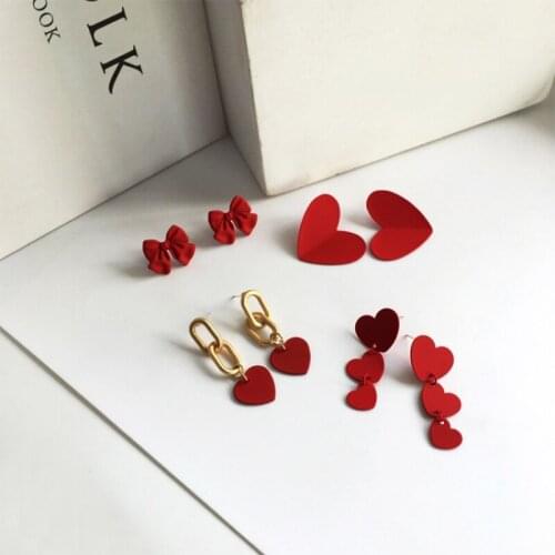 XIYANIKE New Red Bowknot Heart Design Earrings Cute Simple Alloy Stud Earrings Gift For Women 2021 New Fashion Jewelry Oorbellen