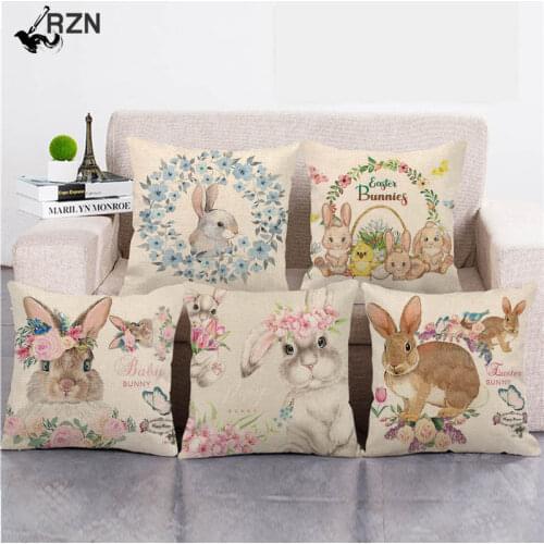 Easter Egg Rabbit Linen Cushion Cover Sofa Office Pillowcase Cushion Car Seat Cushion Cover Easter Decor Party Home Decor