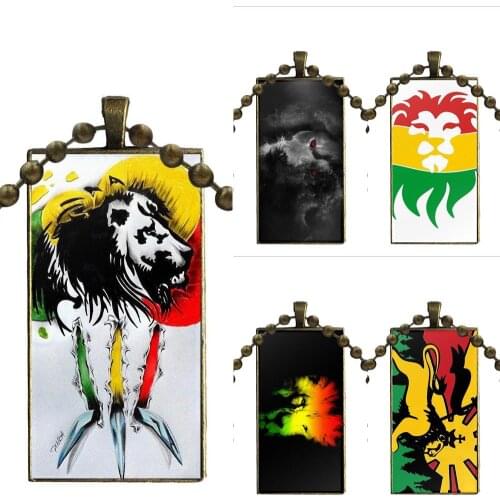 Rasta Lion Animal Design For Men Women Fashion Glass Cabochon Pendant Necklace Women Bronze Color Choker Rectangle Necklace