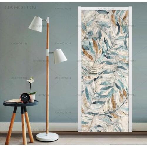 PVC Self-adhesive Waterproof Door Sticker Modern Retro Leaf Mural Wallpaper Living Room Bedroom Door Poster Home Decor 3D Decal