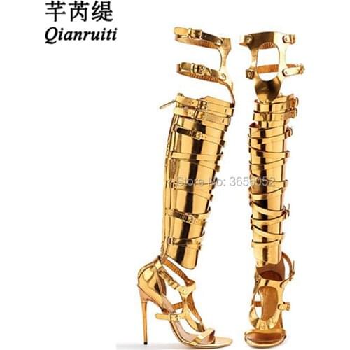 Qianruiti Metallic Buckle Strappy Gladiator Sandals Black Silver Gold Thigh High Boots Summer High Heels Cut Outs Shoes Woman