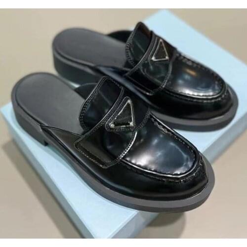 Real Leather Slippers Women Closed Toe Mules Sqaure Heels Slip on Casual Shoes Chic Fashion Luxury Brand Designer Women Shoes