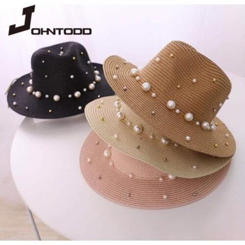 New summer ladies spring hats flower beads wide brim jazz panama straw sun visor beach hat flower rivet pearl straw hat cap