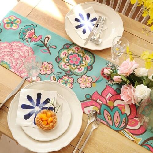 DUNXDECO Table Runner Tablecloth Modern American Style Blue Flora Mat Party Decorative Blend Fabric Mesa Warm Home Decoration