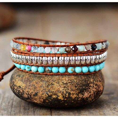 Triple Leather Wrap Bracelets W/ Natural Stone Vintage Beads Statement Bracelet Bohemian Handmade Jewelry Gifts