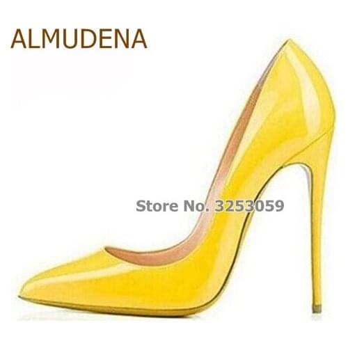 ALMUDENA Best Selling Girls Bright Yellow Mirrored Leather Pumps Pointy Toe Banquet Shoes Celebrity Favorite Candy Color Shoes