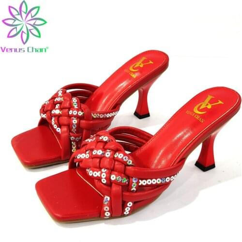 Mature Style Italian Design African Women Shoes in Red Color Summer Comfortable Heels for Garden Party