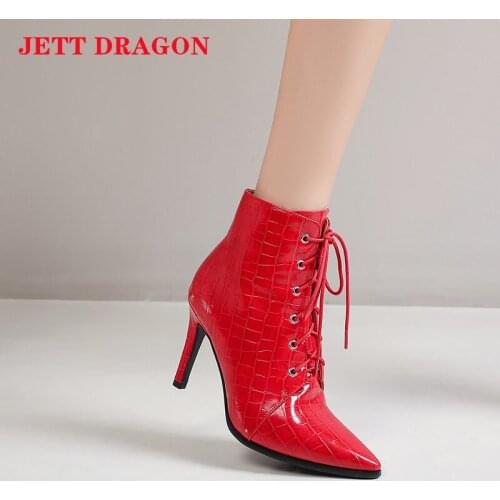 2021 Faux Leather Women Boots Autumn High Heel Ankle Boots Pointed Toe Lace Up Zipper Fashion Boots Women Fur Plush Winter Boots