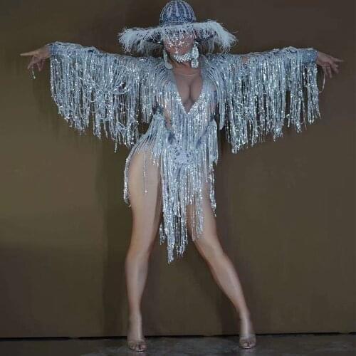 Shining White Crystal Long Tassel Perspective Gauze Bodysuits Long Sleeve Backless Women Jumpsuits DJ Singer Dance Stage Wear