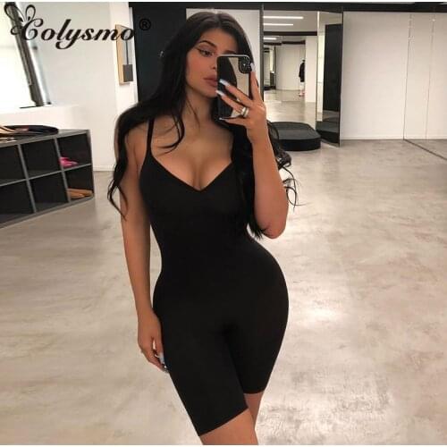 Colysmo 2020 Summer Jumpsuit Women Sexy Deep V-neck Spaghetti Straps Playsuit Party Club Wear Romper Casual Short Jumpsuit Gray