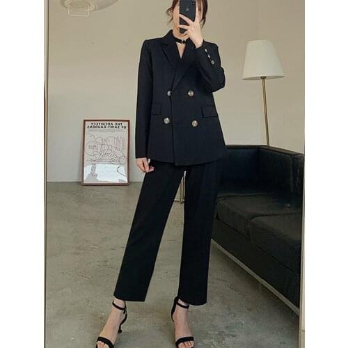 Autumn And Winter Womens Office Suit Loose Double Breasted Pantsuit Ladies Korean Clothes Blazer Fashion 2 Piece Set Female
