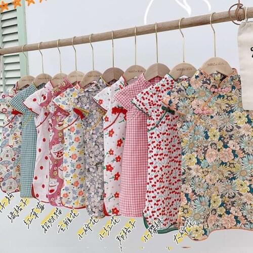 2021 Summer Girls Clothes Cheongsam Short Sleeve Kids Strawberry Dress For Girls Cotton And Linen Retro Ethnic Children Clothing