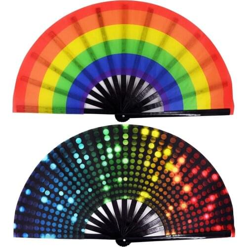 34 cm Large Folding Hand Fan Fold 1 pcs Dot Rainbow Print Black Bamboo & Nylon-Cloth Festival Handheld Fan For Gift
