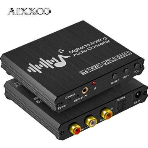 AIXXCO 192kHz Digital to Analog Audio Converter Bass&Volume Remote Control 3.5mm headphone jack DAC Converter with Optical Cable