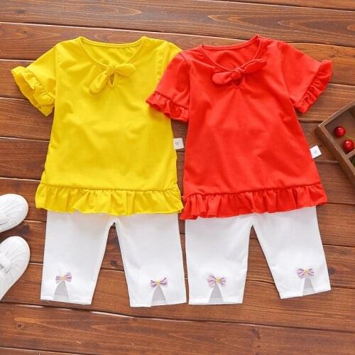 Children Clothes for Girls Sets Summer Style Casual Baby Girls Clothing Bow Short Sleeve T-shirt + Cropped trousers 2 Pcs Suit