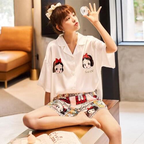 Disney Snow White Pajamas Ladies Summer Ice Silk 2021 New Cartoon Cute Short-sleeved Shorts Thin Section Sexy Cute Home Service