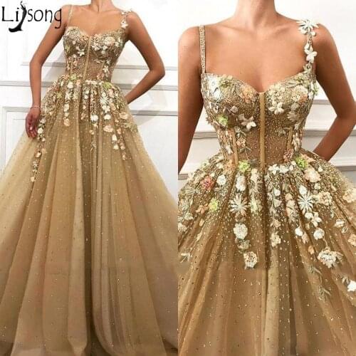 3D Floral Spaghetti Straps Tulle A Line Long Prom Dresses Lace Applique 2019 New Evening Dress Gold Formal Party Gowns