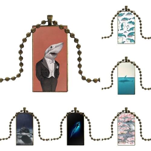 For Men Women Vintage Jewelry Bronze Color Glass Cabochon Choker Pendant Long Rectangle Necklace Pastel Sharks