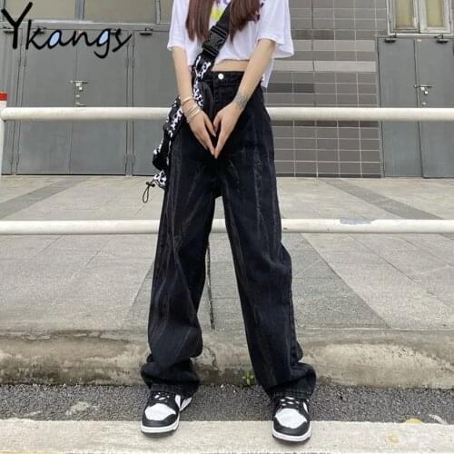 Loose Black Tie Dye High Waist Wide Leg Jeans Button Zipper Harajuku Gothic Streetwear Women Denim Pants Punk Aesthetic Trousers