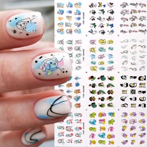 Harunouta 12 Styles Abstract Lady Face Nail Water Decals Set Colorful Block Wave Line Leaf Flowers Sliders Paper Nail Art Decor