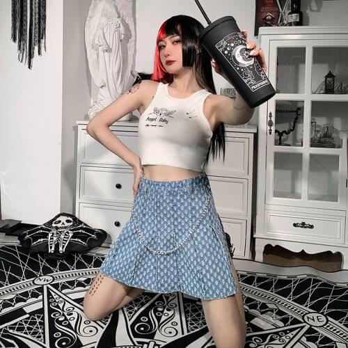 Helisopus Harajuku JK Ripped Denim High Waist Sexy Pleated Skirt Y2K Punk Metal Chain Slim A-line Girl Short Skirt Summer 2021