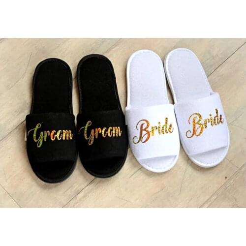 Personalize glitter gold Wedding Slippers Bride Slippers Groom Slippers custom Print shoes Black slippers