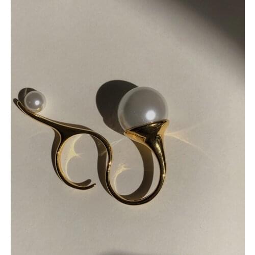 OL Fashion Two Fingers Style Open Adjustable Phalanx Siamese Knuckle Ring For Women Double Cuff Imitate Pearl Jewelry